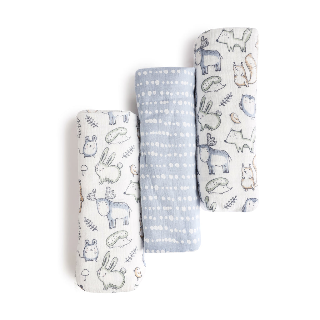 3-Piece Muslin Swaddle Blankets, Woodland rolled