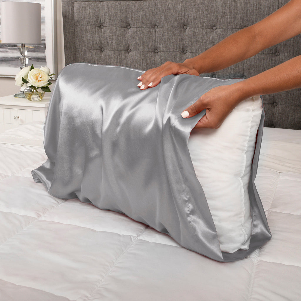 Life Comfort 2-Piece Satin Pillowcase, Grey 20" x 36" putting on pillow