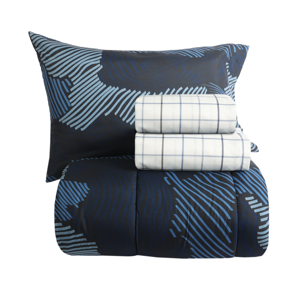 4-Piece Twin Bedding Set, Blue Geo stacked