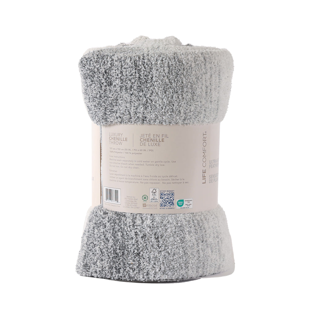 Chenille Feather Yarn Throw, Grey 50" x 60" packaged