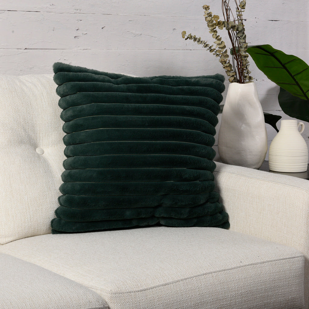 Ribbed Rabbit Fur Cushion, Green 20" x 20" room shot