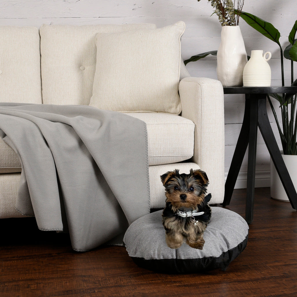 Round Pet Bed, Grey Faux Linen 22" lifestyle