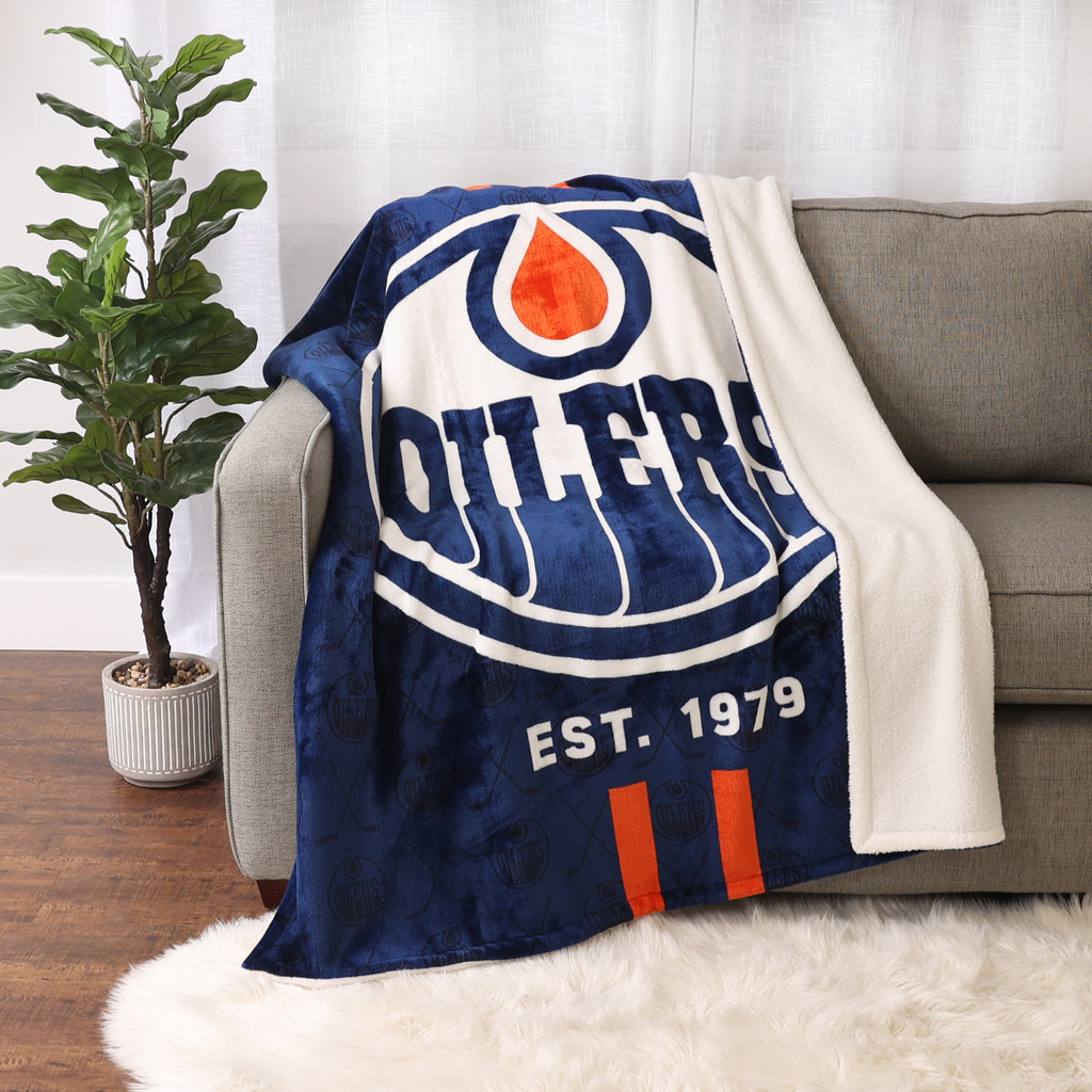 NHL Edmonton Oilers Sherpa Blanket, 50" x 60" room shot