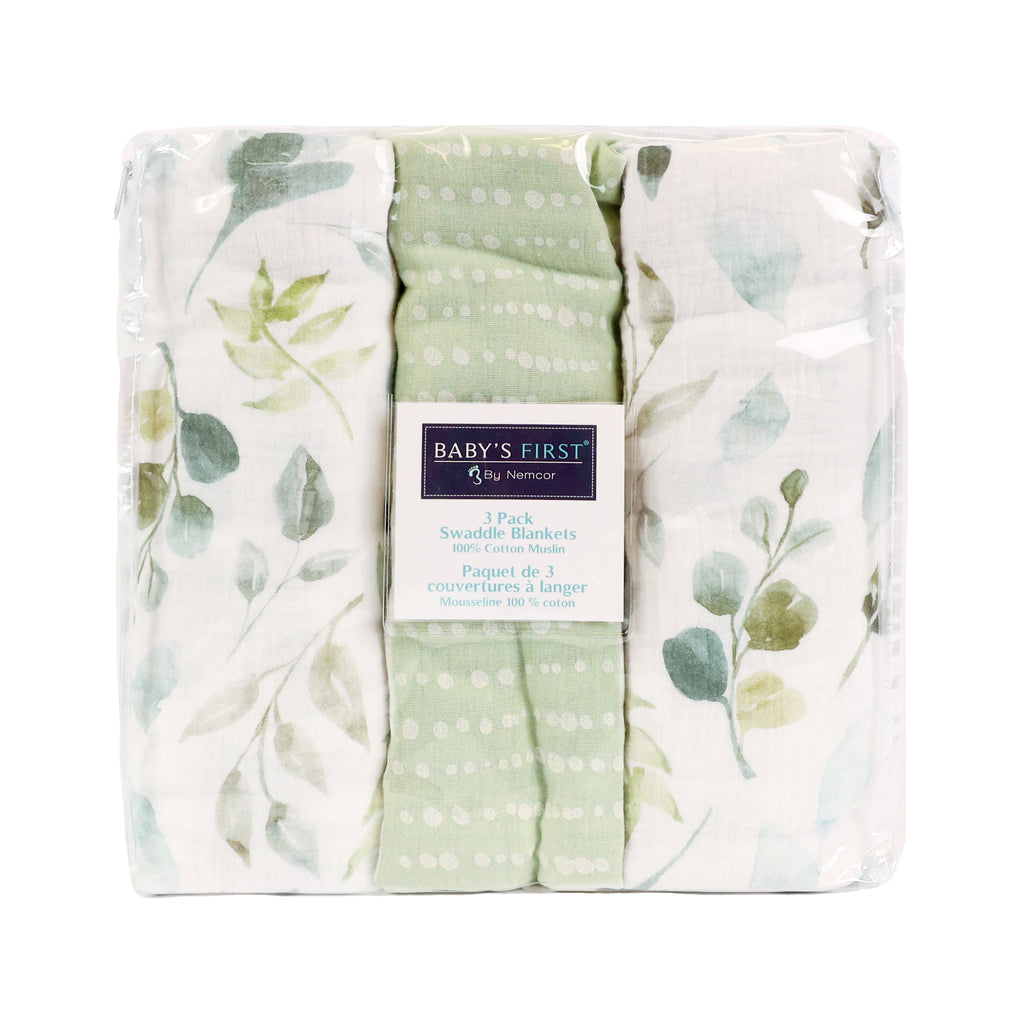 3-Piece Muslin Swaddle Blankets, Botanical packaged