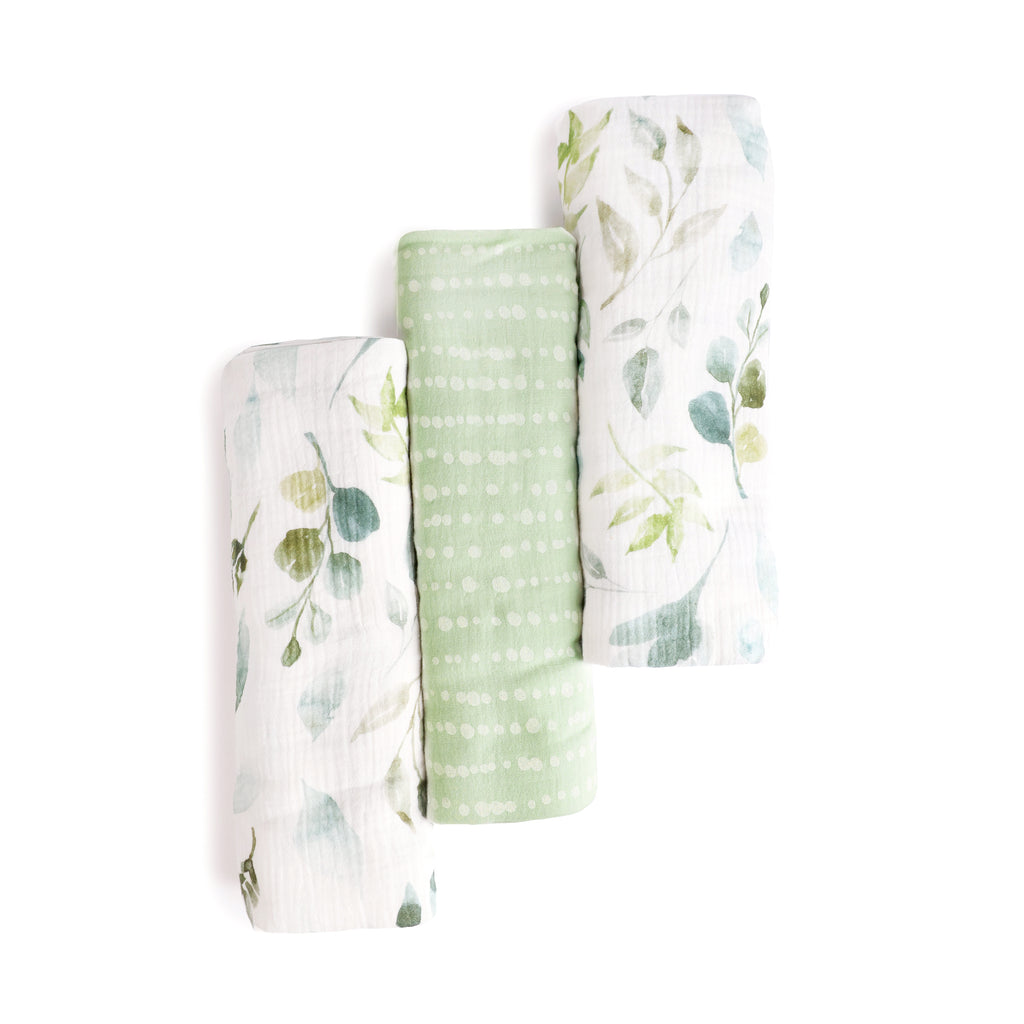 3-Piece Muslin Swaddle Blankets, Botanical rolled