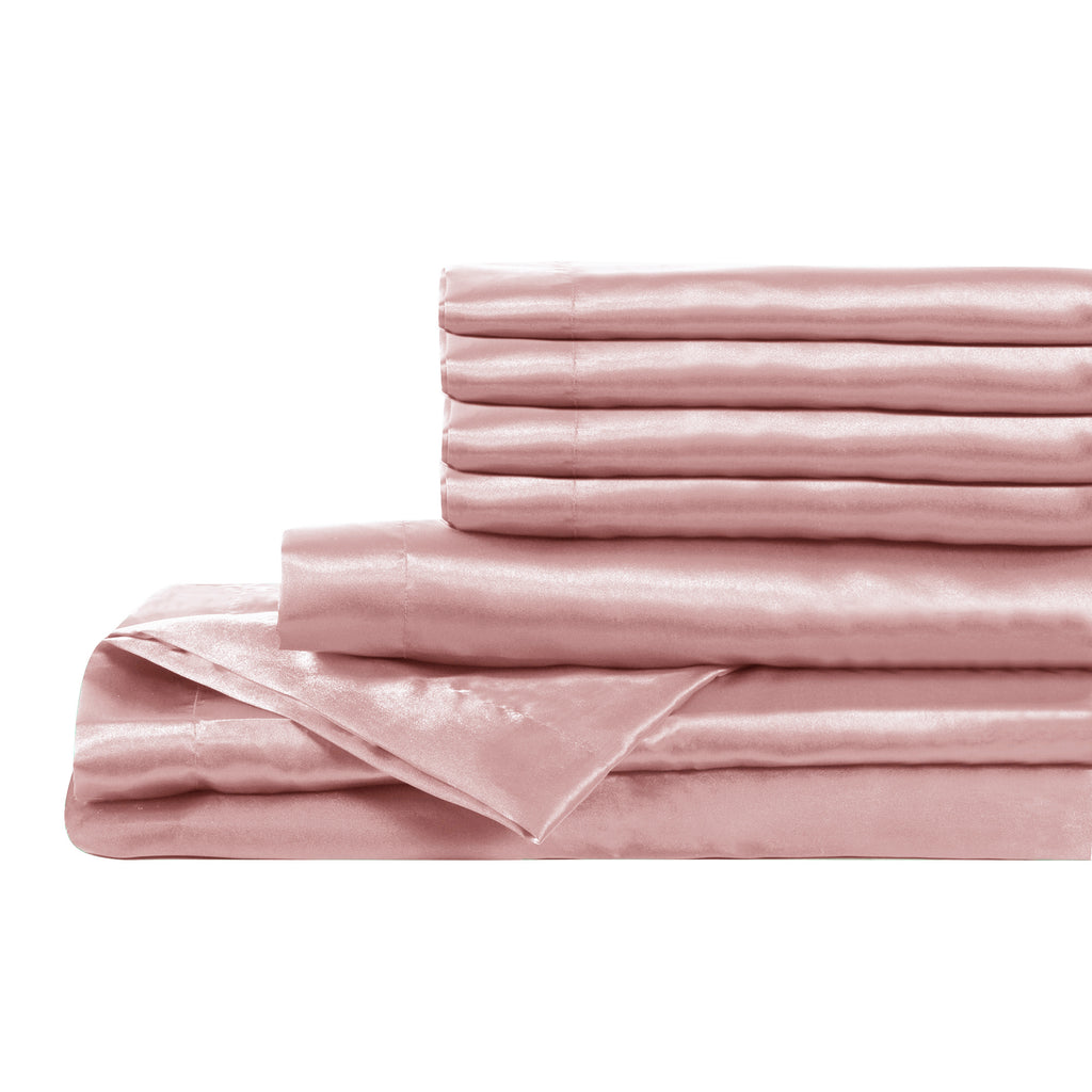 6-Piece King Satin Sheet Set, Pink stacked