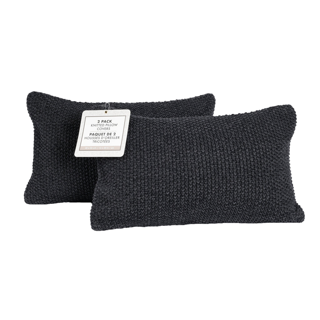 Life Comfort 2-Piece Cotton Knitted Pillow Covers, Dark Grey 12" x 20" packaged