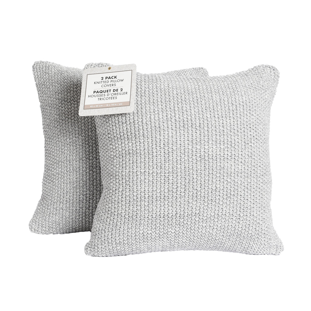 Life Comfort 2-Piece Cotton Knitted Pillow Covers, Light Grey 18" x 18" packaged