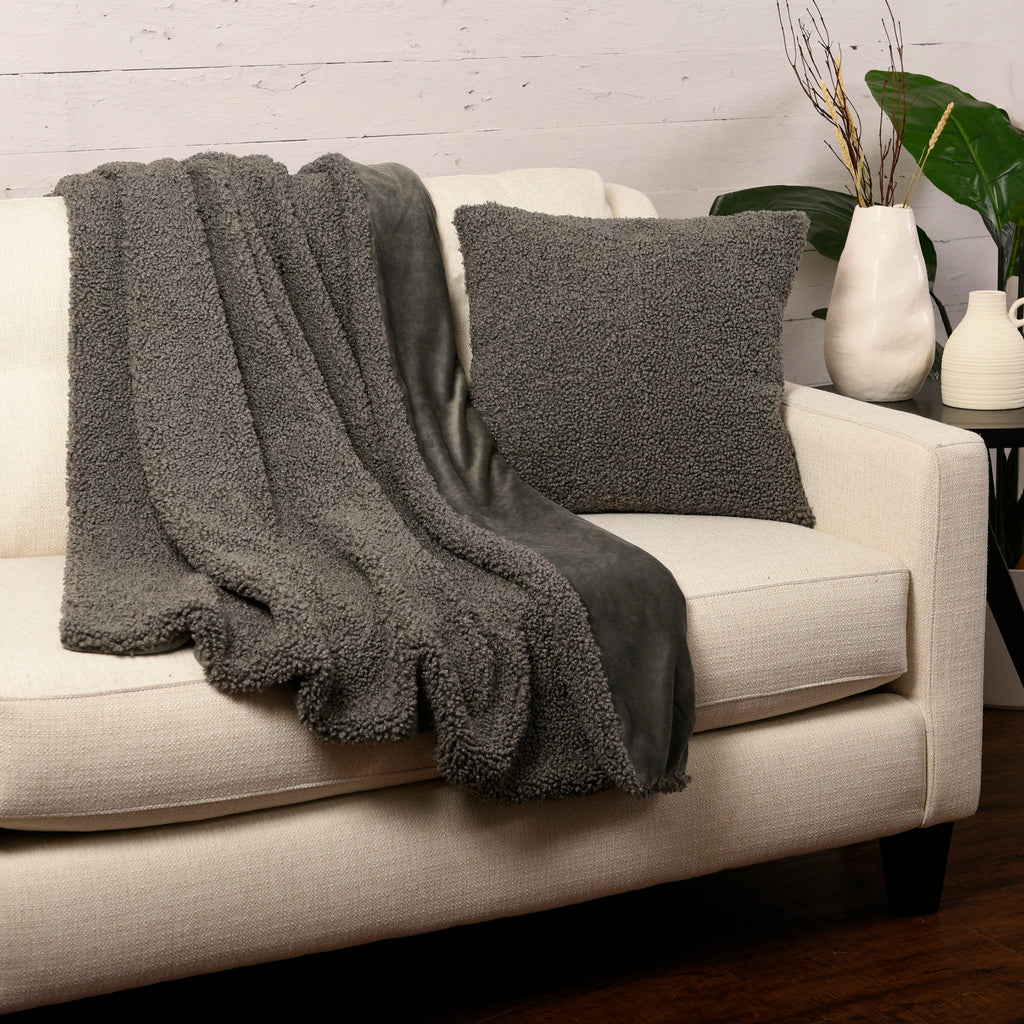 Life Comfort Faux Teddy Fur Throw, Grey 50" x 60" room shot with pillow