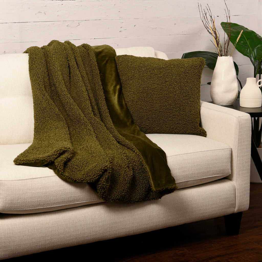 Life Comfort Faux Teddy Fur Throw, Green 50" x 60" room shot with pillow