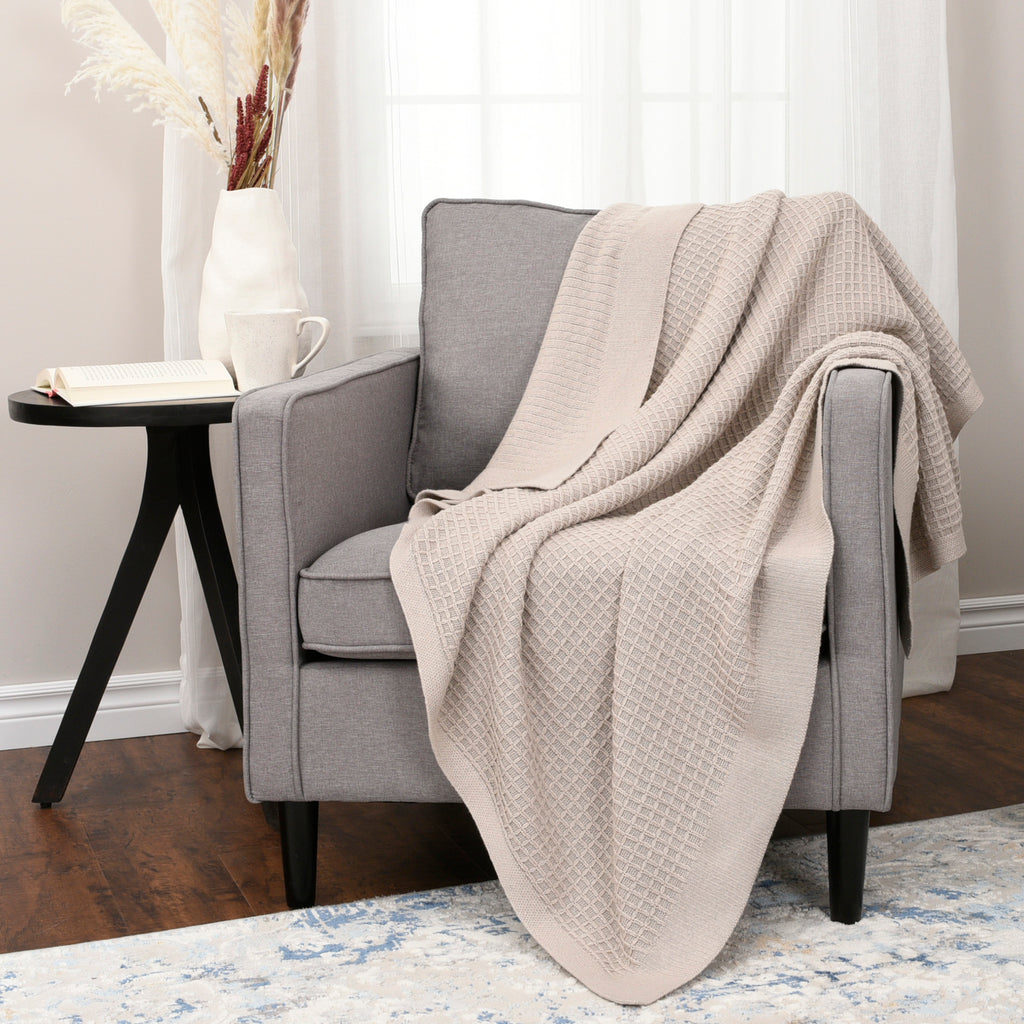 Life Comfort Recycled Waffle Knit Throw, Taupe 50" x 60" room shot