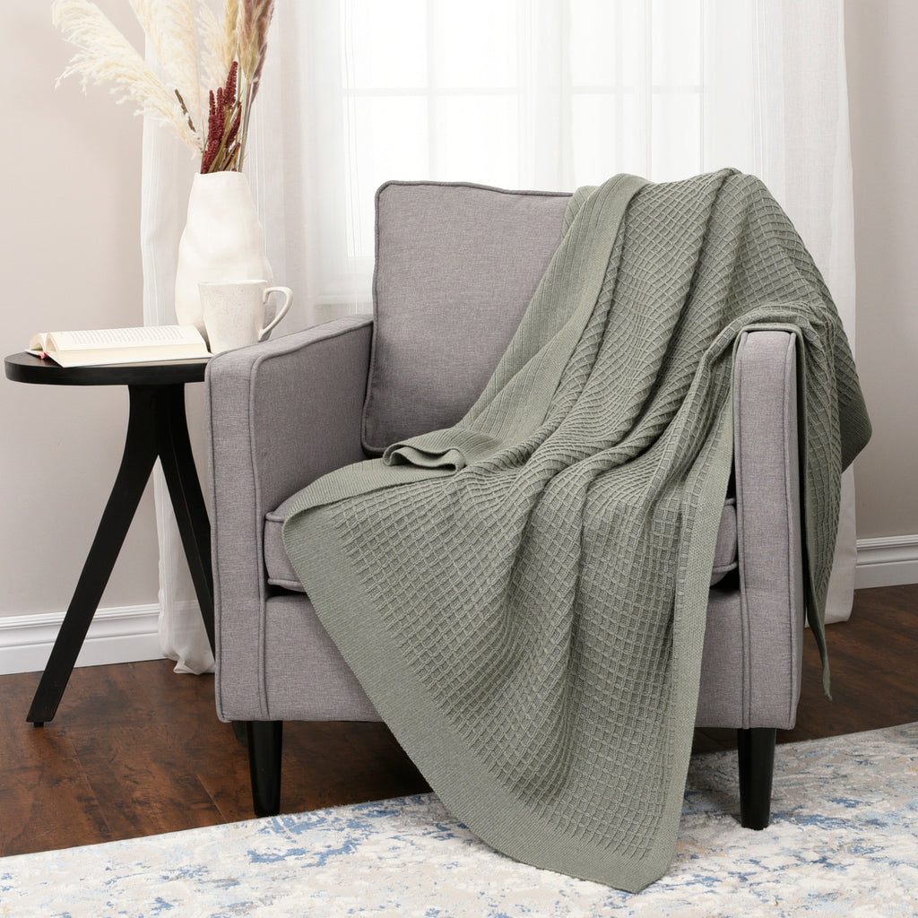 Life Comfort Recycled Waffle Knit Throw, Green 50" x 60" room shot