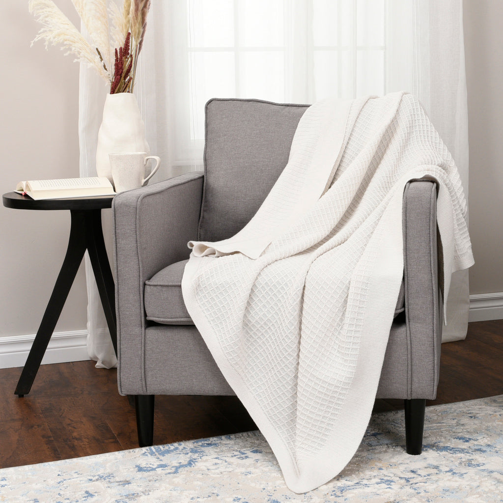 Life Comfort Recycled Waffle Knit Throw, Cream 50" x 60" room shot